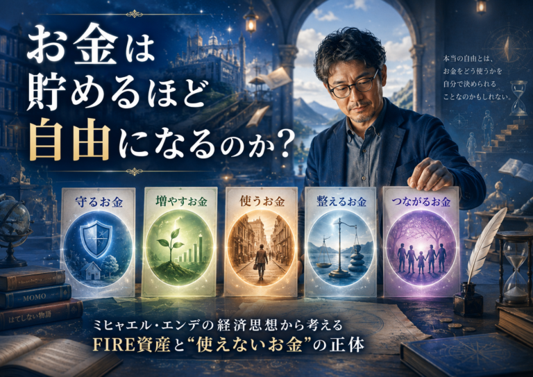 幻想的で哲学的な物語空間の中で、メガネおじさんが「守るお金・増やすお金・使うお金・整えるお金・つながるお金」と向き合いながら、お金との付き合い方を学んでいく様子を描いた実写風アイキャッチ。青基調のデザインで、ミヒャエル・エンデの経済思想とFIRE資産の関係を象徴的に表現している。