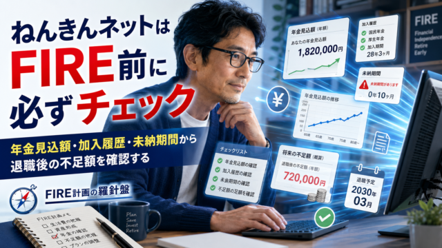 ねんきんネットを使いこなすメガネおじさんが、PCモニターから噴き出す年金見込額・加入履歴・未納期間・退職後の不足額などのチェック情報を確認している実写風アイキャッチ。青基調のデザインで、FIRE前に年金データを整理し、退職後の資金計画を現実的に見直す様子を表現している。