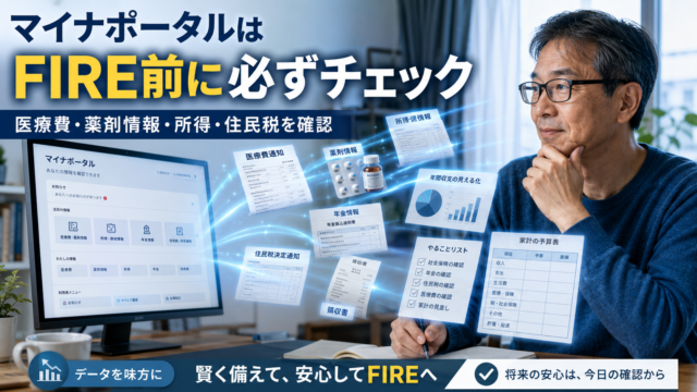 マイナポータルを使って医療費・薬剤情報・所得・住民税などの公的データを確認し、それらを家計管理やFIRE前の準備に反映させているメガネおじさんの実写風アイキャッチ。青基調のデザインで、PC画面から各種データや書類が浮かび上がり、退職後の家計チェックや将来設計に活用している様子を表現している。