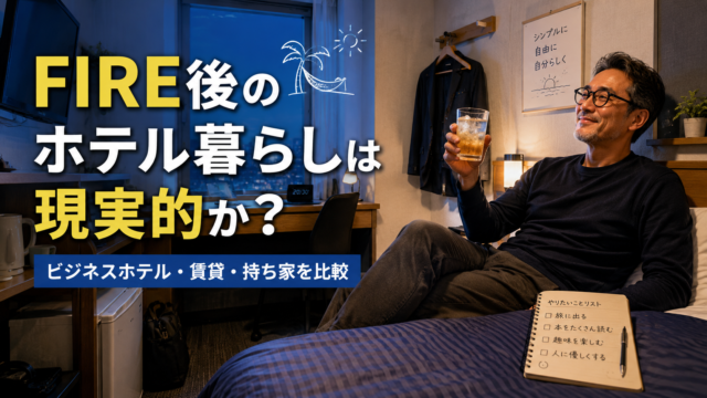 ビジネスホテルの狭い客室で、晩酌をしながらくつろいで暮らすメガネおじさんを描いた実写風アイキャッチ。青基調の落ち着いた室内で、ベッドに腰かけた男性が楽しそうにグラスを掲げ、FIRE後のホテル暮らしの自由さと現実味を表現している。画像内には「FIRE後のホテル暮らしは現実的か？」というタイトル文字が大きく配置されている。