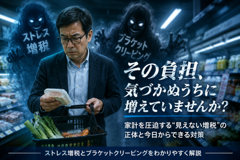 スーパーで買い物をするメガネのおじさんの背後に、ストレス増税やブラケットクリーピングを象徴する青白い影が迫っている実写風アイキャッチ。物価高で家計が圧迫され、給料が増えても税金や社会保険料の負担が重くなり、FIREに向けた投資余力がなかなか増えない現実を表現している。