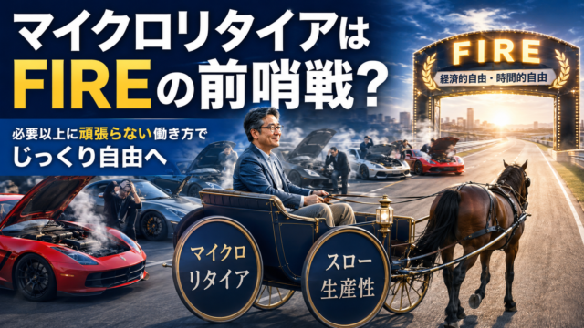 マイクロリタイアとスロー生産性の二つの車輪を持つ馬車で、メガネおじさんがゆっくりFIREのゴールへ向かう一方、周囲では最速を目指した車たちが故障して立ち往生している、青基調の実写風アイキャッチ