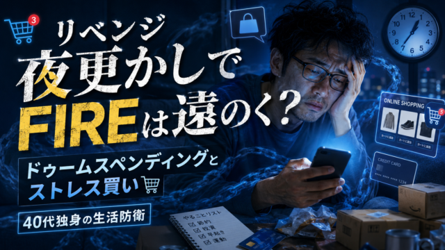 リベンジ夜更かしとドゥームスペンディング、ストレス買いの呪縛に取りつかれたメガネおじさんが、深夜にスマホを見ながらネット通販や衝動買いに悩んでいる青基調の実写風アイキャッチ。睡眠不足と将来不安でお金も生活リズムも削られ、FIREが遠のいていく危うさを表現している。