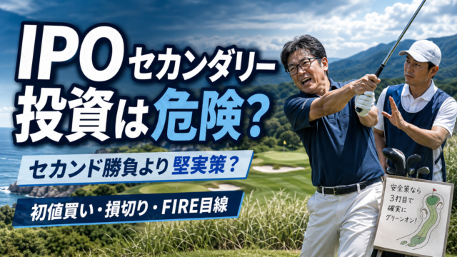 IPOセカンダリー投資をゴルフのセカンドショットになぞらえ、メガネの40代独身男性がイーグル狙いで無理に攻めようとする一方、キャディが3打目で堅実に進める選択肢を助言している青基調の実写風アイキャッチ。初値買い・損切り・FIRE目線の距離感を冷静に考える記事内容を表現している。