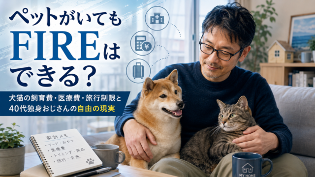 代替テキスト：メガネのおじさんが柴犬と猫に囲まれて穏やかに過ごしながら、ペットがいてもFIREできるのかを考えている実写風アイキャッチ画像