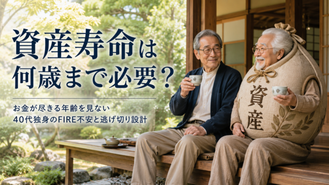 縁側でお茶を飲みながら穏やかに過ごす高齢のメガネおじさんと、擬人化された「資産」のおじいさんが並んで座る、実写風の青基調アイキャッチ画像。大きく「資産寿命は何歳まで必要？」、小さく「お金が尽きる年齢を見ない40代独身のFIRE不安と逃げ切り設計」と書かれている。