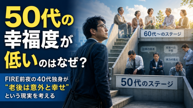 50代という人生の踊り場を見上げる40代のメガネおじさんと、不安そうな50代、穏やかに笑う60代以上の人々を描いた、50代の幸福度と老後の現実を表す青基調のアイキャッチ画像