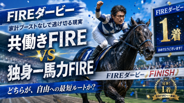 代替テキスト：FIREダービーで1着ゴールするメガネおじさんのジョッキー姿を描いた青基調のアイキャッチ画像。共働きFIREと独身一馬力FIREの違いを、競馬レースになぞらえて表現している