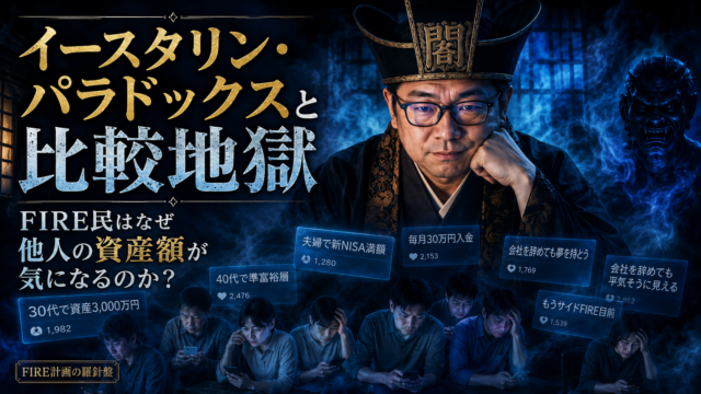 閻魔大王の姿をしたメガネの中年男性が、青く煙る地獄のような空間で、SNS上の資産額や入金力の比較に苦しむFIRE民たちを見つめている実写風アイキャッチ画像。大きく「イースタリン・パラドックスと比較地獄」、小さく「FIRE民はなぜ他人の資産額が気になるのか？」と書かれている。