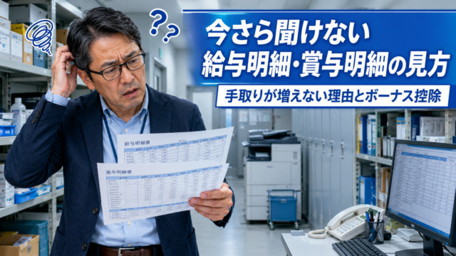 会社のバックヤードで給与明細と賞与明細を見ながら困った表情を浮かべるメガネ姿の中年男性。青基調の実写風アイキャッチで、「今さら聞けない給与明細・賞与明細の見方」「手取りが増えない理由とボーナス控除」の文字入り。