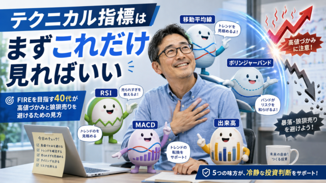 移動平均線、RSI、MACD、出来高、ボリンジャーバンドをキャラクター化した5人に助けられ、高値づかみや暴落の危険を回避して安心した表情を見せるメガネ姿の中年男性。青基調の実写風アイキャッチで、「テクニカル指標はまずこれだけ見ればいい」「FIREを目指す40代が高値づかみと狼狽売りを避けるための見方」の文字入り。