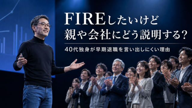 青基調のプレゼン会場で、FIREする理由を堂々と説明するメガネ姿の中年男性と、親・会社の上司同僚・親戚知人をイメージした観客が納得して拍手している様子。「FIREしたいけど親や会社にどう説明する？」「40代独身が早期退職を言い出しにくい理由」の文字入り。