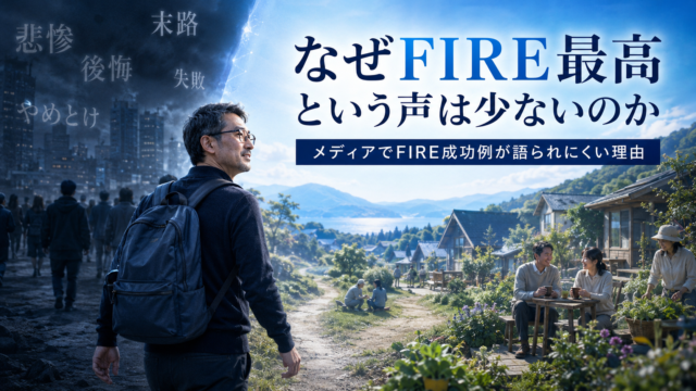 FIREを否定する言葉が漂う暗い都市を離れ、穏やかに暮らすFIRE成功者たちの隠里を発見するメガネ姿の中年男性。青基調の実写風アイキャッチで、「なぜFIRE最高という声は少ないのか」「メディアでFIRE成功例が語られにくい理由」の文字入り。 スラッグ