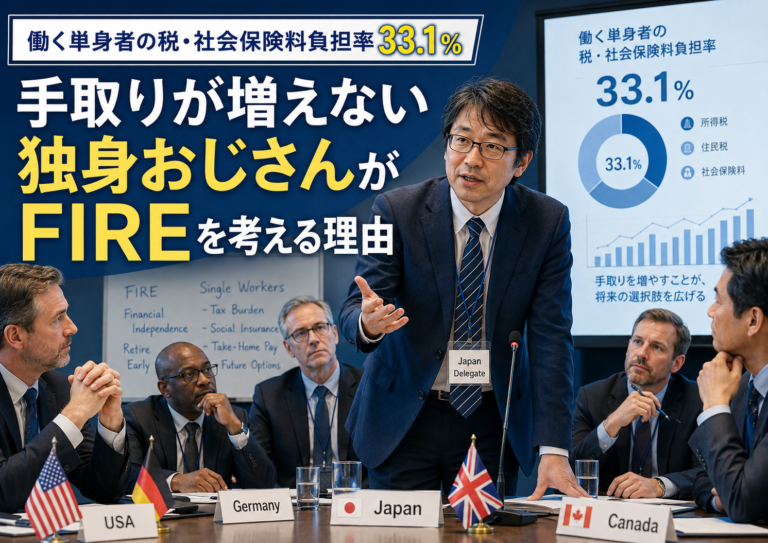 各国のFIREを目指す独身おじさんたちが集まる国際会議で、日本代表のメガネおじさんが働く単身者の税・社会保険料負担率33.1％と手取りの重さを訴えている様子を描いた、青基調の実写風アイキャッチ画像
