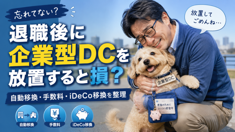 退職後に放置していた企業型DCを、迷子の愛犬のように擬人化した存在として見つけ出し、再会を喜びながら「放置してごめんね」と謝るメガネおじさんの様子を描いた、青基調の実写風アイキャッチ画像