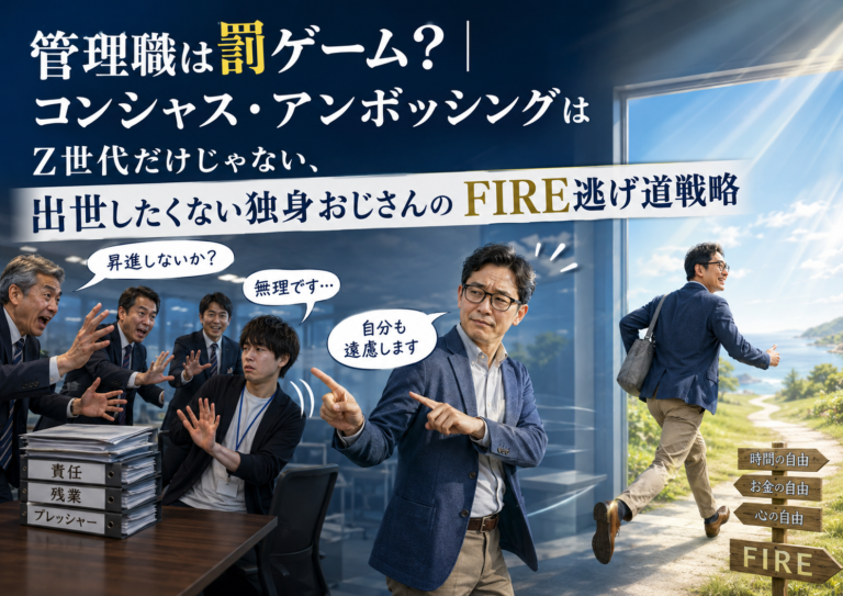 上層部から昇進を勧められたZ世代社員とメガネおじさんがそろって管理職を拒否し、メガネおじさんがFIREという自由な道へ逃げていく様子を描いた、青基調の実写風アイキャッチ画像