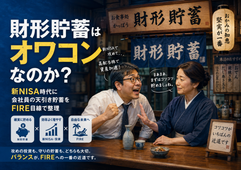 昭和の雰囲気が残る小料理屋「財形貯蓄」のカウンターで、日本酒を飲みながら新NISAや投資について前のめりに語るメガネおじさんと、そんな彼をやさしくいさめる女将姿の「財形貯蓄」擬人化キャラクターを描いた、青基調の実写風アイキャッチ。画面には「財形貯蓄はオワコンなのか？」「新NISA時代に会社員の天引き貯蓄をFIRE目線で整理」などのタイトル要素が入っている。