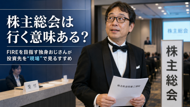 初めての株主総会という“大人の社会科見学”に少し緊張しながら、場違いなくらいきっちりしたタキシード姿で会場に立つメガネおじさんを描いた、青基調の実写風アイキャッチ。受付や会場案内、総会会場の雰囲気を背景に、「株主総会は行く意味ある？」というタイトル文字が大きく入っている。