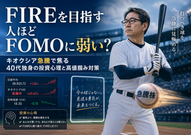 急騰株というストライクが目の前を通過する中、FIREを目指すメガネおじさんが安打製造機のような落ち着いた構えで、自分の得意コースではない球を冷静に見送る様子を描いた青基調の実写風アイキャッチ。背景にはキオクシア急騰や株価チャート、投資心理を示す要素が配置され、「FIREを目指す人ほどFOMOに弱い？」「キオクシア急騰で焦る40代独身の投資心理と高値掴み対策」というタイトル要素が入っている。