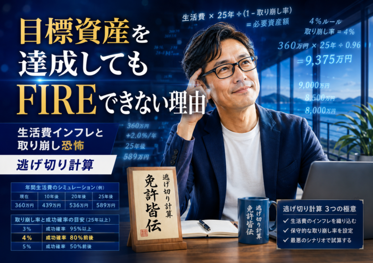 FIRE逃げ切り計算を免許皆伝したメガネおじさんが、生活費インフレや取り崩し率を暗算しながら、目標資産達成後もFIREできない理由を冷静に見極めている青基調の実写風アイキャッチ画像
