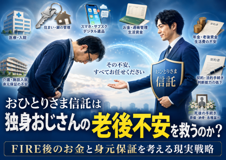 おひとりさま信託を象徴する人物に、老後のお金・身元保証・医療・死後事務などの不安を託すように深く頭を下げるメガネの独身おじさん。青基調の実写風アイキャッチ。