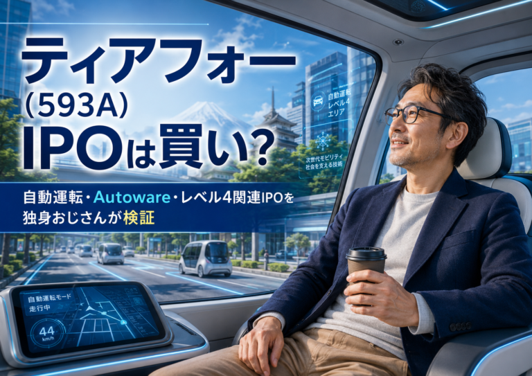 自動運転車に乗って近未来の日本の街を快適に移動しながら、ティアフォーの自動運転技術やレベル4の世界観を体感するメガネおじさんを描いた、青基調の実写風アイキャッチ
