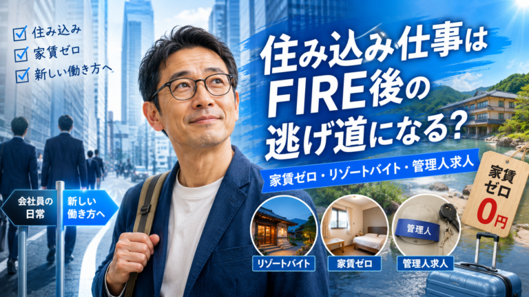 住み込み仕事や家賃ゼロの働き方に希望を見いだすメガネのおじさんが、会社員生活から新しい働き方へ踏み出そうとする様子を描いた、青基調の実写風アイキャッチ。リゾートバイト、管理人求人、寮付きの住まいを連想させる要素が配置されている。