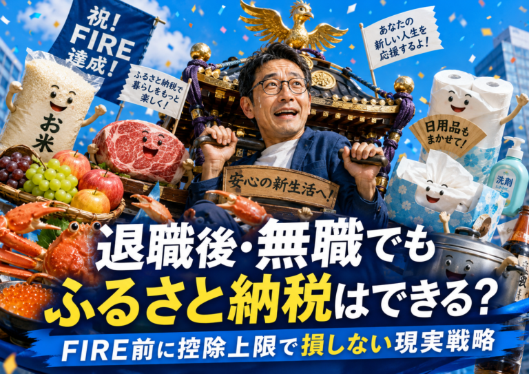 FIRE後の生活に不安を感じるメガネのおじさんが、ふるさと納税の返礼品たちに神輿のように担がれ、励まされている様子を描いた青基調の実写風アイキャッチ。お米、肉、海産物、トイレットペーパー、ティッシュ、洗剤などの返礼品がにぎやかに集まり、退職後・無職でもふるさと納税はできるのかという記事テーマを表現している。