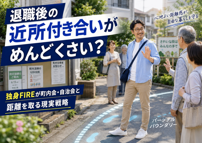 退職後の近所付き合いに悩みつつも、近所の人たちに笑顔であいさつしながら、一定の距離感を保って上手に接するメガネのおじさんを描いた青基調の実写風アイキャッチ。町内会、自治会、ご近所付き合いとの付き合い方をテーマにした記事内容を表現している。