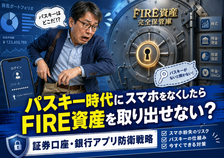 パスキーが見つからず、FIRE資産の保管庫の扉を開けられずに慌てるメガネのおじさんを描いた青基調の実写風アイキャッチ。スマホ紛失や認証アプリ、証券口座・銀行アプリにログインできない不安を表現している。