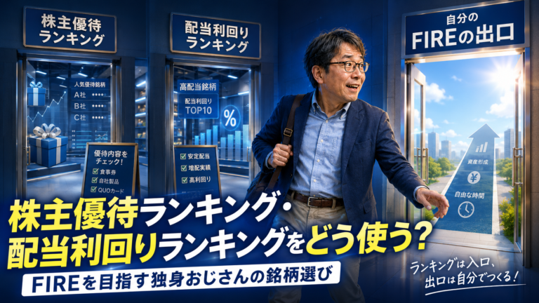 株主優待ランキングと配当利回りランキングの入口に目を輝かせながら入りつつも、最終的には自分のFIREの出口へ向かって進むメガネのおじさんを描いた青基調の実写風アイキャッチ。ランキングを参考にしながらも、自分に合った銘柄選びとFIRE戦略を考える記事内容を表現している。