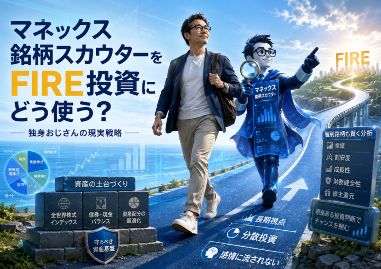 マネックス銘柄スカウターを擬人化した青い相棒と、メガネのおじさんがバディを組み、長期・分散の土台を守りながらFIREに向かって進む様子を描いた青基調の実写風アイキャッチ。個別株分析、高配当株、株主優待、NISA活用を冷静に考える記事内容を表現している。