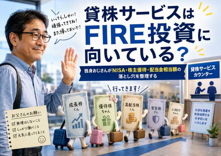 自分の保有株たちを擬人化したキャラクターが貸株サービスへ向かう様子を、メガネのおじさんが父親のように温かく見送っている青基調の実写風アイキャッチ。貸株サービス、NISA、株主優待、配当金相当額の注意点をFIRE投資目線で整理する記事内容を表現している。