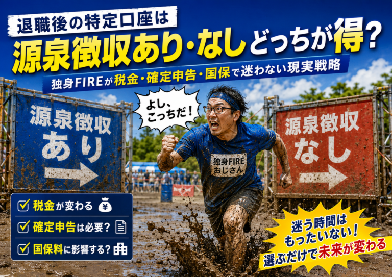 泥んこクイズ風の会場で、メガネのおじさんが「源泉徴収あり」と「源泉徴収なし」の2つのパネルの前で悩みつつ、最終的に「あり」のパネルに向かって突進している青基調の実写風アイキャッチ。退職後の特定口座、税金、確定申告、国民健康保険の判断を独身FIRE目線で考える記事内容を表現している。