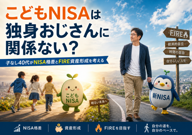 こどもNISAのキャラクターと手をつないで明るい未来へ進む子どもたちを見つめながら、メガネのおじさんが新NISAのキャラクターと手をつないでFIREへ向かう様子を描いた、青基調の実写風アイキャッチ。子なし40代の独身おじさんが、こどもNISAと新NISA、NISA格差、FIRE資産形成を考える記事内容を表現している。