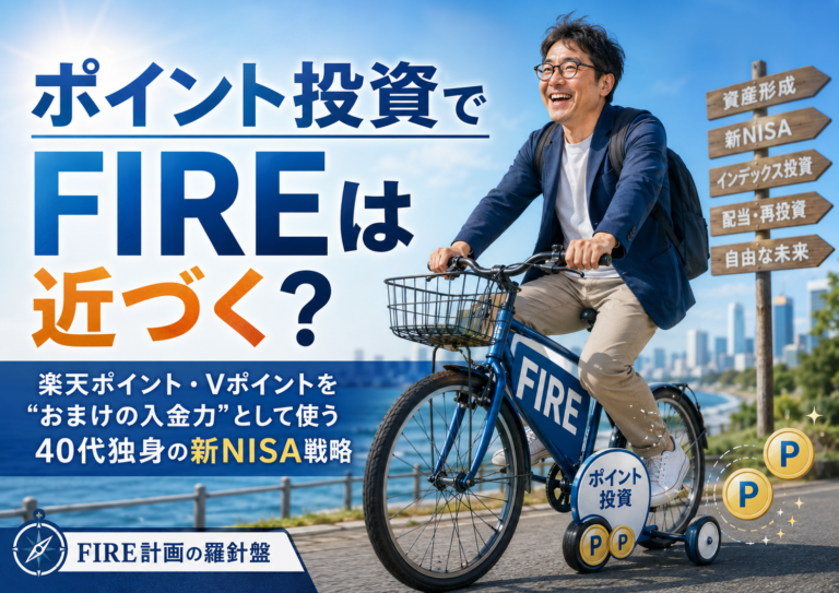 ポイント投資の補助輪が付いた「FIRE」と書かれた青い自転車に乗って、無邪気に喜ぶメガネのおじさんを描いた青基調の実写風アイキャッチ。楽天ポイント・Vポイントをおまけの入金力として使い、新NISAでFIREを目指す40代独身の資産形成戦略を表現している。