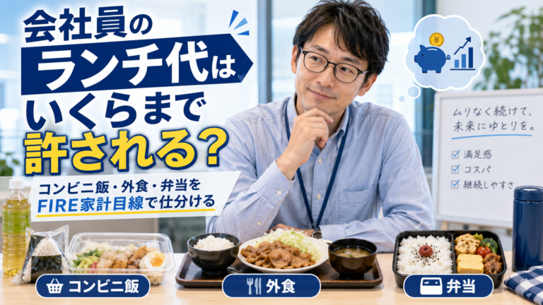 会社員のランチ代に悩むメガネのおじさんが、コンビニ飯・外食・弁当の3つを前にしながら、FIRE家計目線で昼食代の使い方を考えている青基調の実写風アイキャッチ。物価高の中で、ランチ代はいくらまで許されるのかをテーマにした記事内容を表現している。