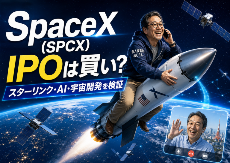 宇宙空間でメガネのおじさんがロケットにまたがり、スターリンクの衛星通信を使って地球上の友人とスマホで楽しそうに会話している青基調の実写風アイキャッチ。SpaceX（SPCX）のIPO、スターリンク、AI、宇宙開発の成長性をテーマにした記事内容を表現している。