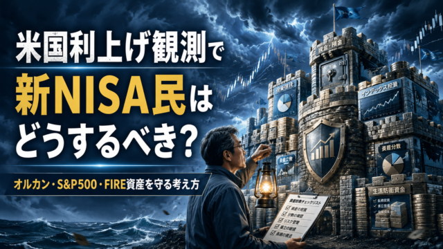 米国利上げ観測という嵐の中で、メガネのおじさんが自分のFIRE資産を城に見立てて総点検している青基調の実写風アイキャッチ。城には現金・預金、投資信託、インデックス投資、資産分散、生活防衛資金などの要素が描かれ、新NISA民がオルカン・S&P500・FIRE資産をどう守るべきかという記事内容を表現している。