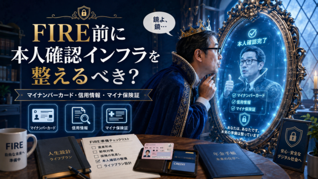 魔法の鏡に向かって「鏡よ、鏡」と本人確認をするようにのぞき込むメガネのおじさんを描いた、青基調の実写風アイキャッチ。鏡の中には本人確認完了の表示が浮かび、マイナンバーカード、信用情報、マイナ保険証など、FIRE前に整えたい本人確認インフラを象徴的に表現している。