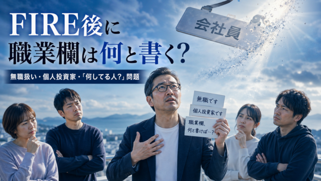 FIRE後に会社員という肩書きの看板が空へ消えていく中、メガネのおじさんが「自分はこういう人間です」と必死に説明している青基調の実写風アイキャッチ。まわりの人たちは少し冷ややかな視線を向けており、無職扱い・個人投資家・「何してる人？」問題など、FIRE後の職業欄や肩書きの悩みを象徴的に表現している。