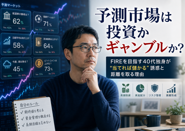 予測市場の確率表示やチャートを前に、メガネのおじさんが「投資なのかギャンブルなのか」を慎重に考えている青基調の実写風アイキャッチ。左側には選挙・スポーツ・原油・天候・ビットコインなどの予測カードが並び、右側には長期投資・資産配分・リスク管理・資産形成の考え方が示されており、FIREを目指す40代独身が“当てれば儲かる”誘惑と距離を取る姿を表現している。