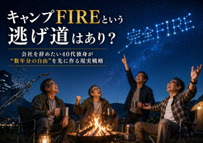 キャンプファイヤーを囲むメガネのおじさんたちが、会社という呪縛から解き放たれ、夜空に輝く「完全FIRE」の星を見上げている青基調の実写風アイキャッチ。完全リタイアを待つ前に、会社を辞めたい40代独身が“数年分の自由”を先に作るキャンプFIREの考え方を象徴的に表現している。