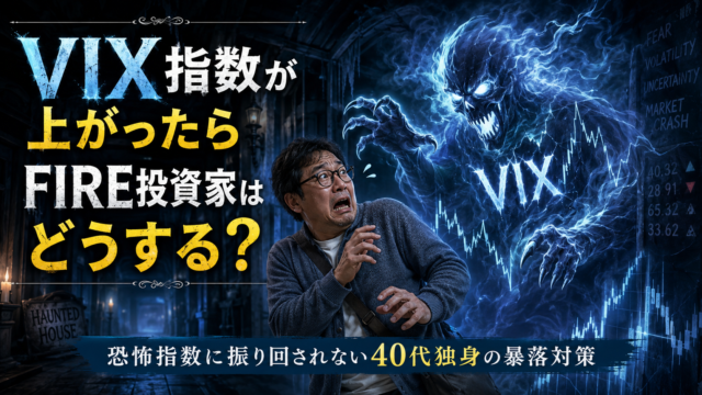 お化け屋敷のような暗い通路で、VIX指数を象徴する青白いお化けに脅かされ、メガネのおじさんが恐怖におののいている青基調の実写風アイキャッチ。相場急変や暴落局面で高まりやすい「恐怖指数」にどう向き合うかをテーマに、FIREを目指す40代独身が狼狽せず資産とメンタルを守るイメージを表現している。