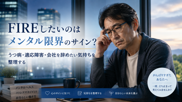 窓辺の机に座るメガネのおじさんが、静かな青基調の空間で疲れた表情を浮かべながら、自分の働き方やFIREへの気持ちを見つめ直している実写風アイキャッチ。うつ病・適応障害・メンタル限界・会社を辞めたい気持ちを煽らずに整理し、無理をしすぎた40代独身が一度立ち止まって考える姿を表現している。 スラッグ