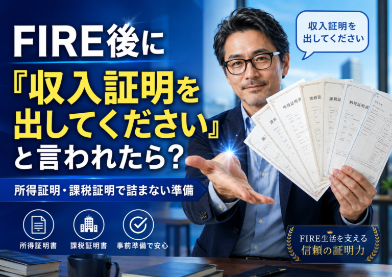 収入証明を求められた場面で、メガネおじさんが所得証明書や課税証明書などの書類を手品のように華麗に差し出す、青基調の実写風アイキャッチ画像