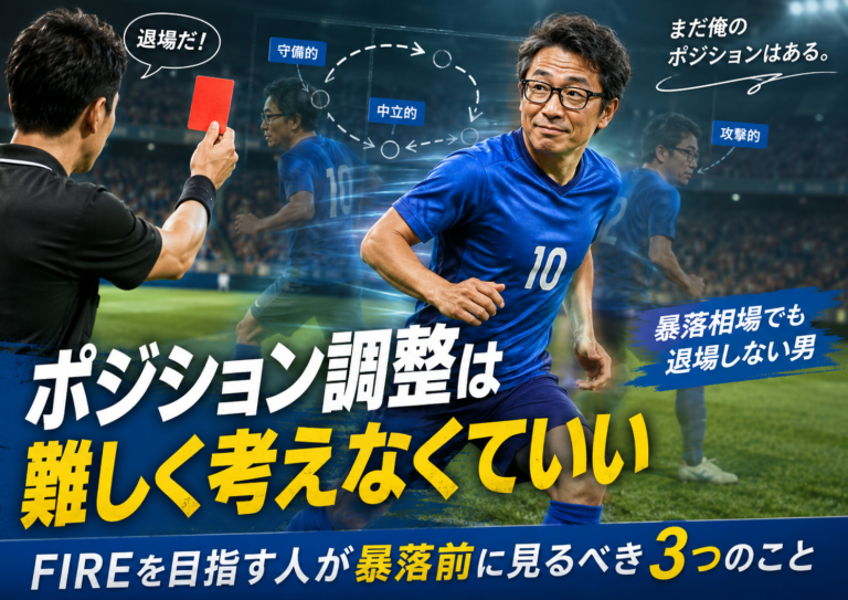 サッカー選手のようにピッチを駆けるメガネおじさんが、レッドカードを受けそうになりながらも、ポジション調整で相場から退場しない姿を描いた実写風アイキャッチ画像