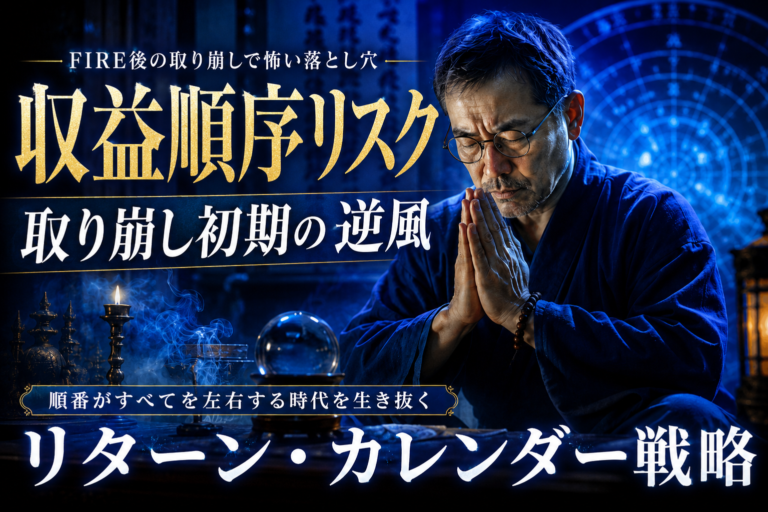 FIRE後の収益順序リスクを警戒し、取り崩し初期に逆風が来ないよう祈る祈祷師風のメガネおじさんを描いた、青基調の実写風アイキャッチ画像