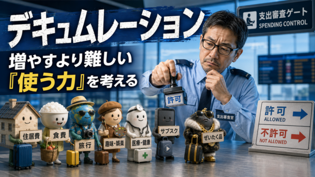 入国審査官のようなメガネおじさんが、キャラクター化されたさまざまな支出を前に、使うか使わないかを判断している、FIRE後のデキュムレーションと“使う力”を表現した青基調のアイキャッチ画像