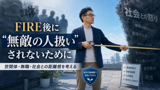 世間体や社会への怒りという黒い圧力から、メジャーで適切な距離を測りながら静かに立つメガネおじさんを描いた、FIRE後の無職・世間体・社会との距離感をテーマにした青基調のアイキャッチ画像